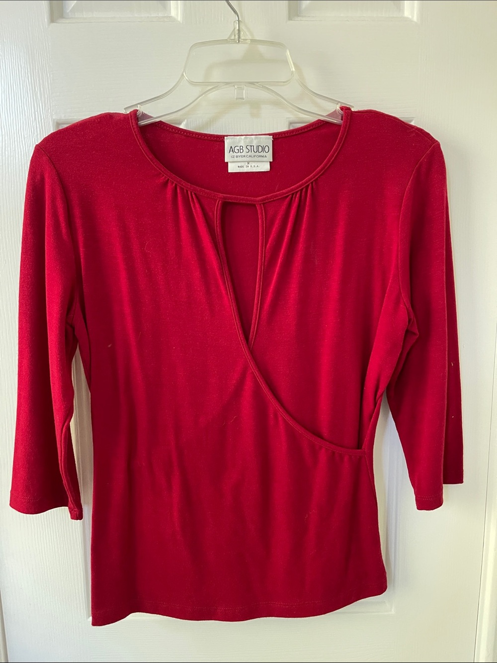 AB Studio Red Surplice Keyhole Long-Sleeve Top